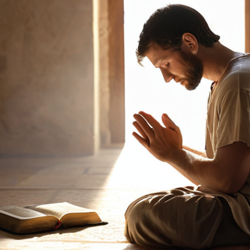 Home 11 **A person kneeling in prayer, bathed in soft light, Bible open in front of them, a serene expression on their face.** (Focus: personal reflection, prayer, connection with God)