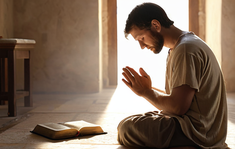 **A person kneeling in prayer, bathed in soft light, Bible open in front of them, a serene expression on their face.** (Focus: personal reflection, prayer, connection with God)